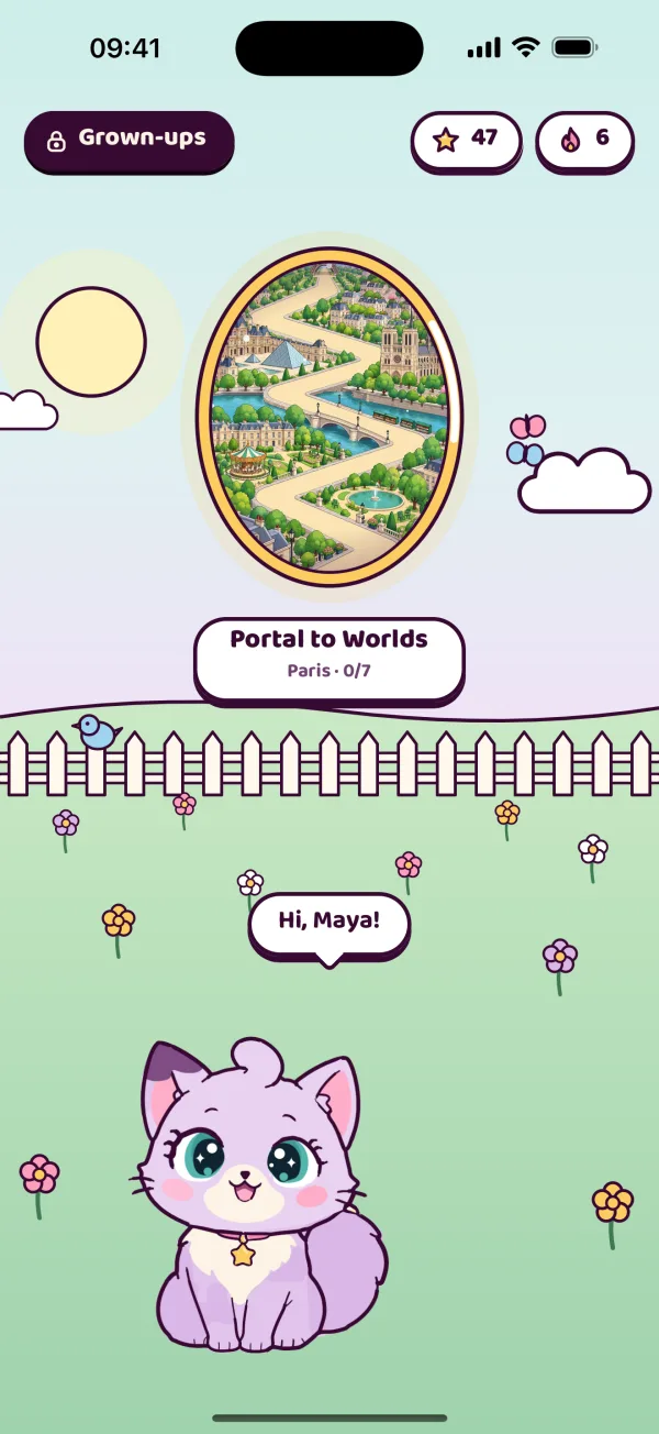 Pinola's garden, the kid home screen, with a portal to Paris