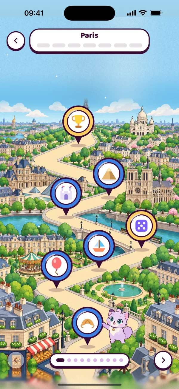 The painted Paris map, with a trail of pins past the Louvre and Notre-Dame