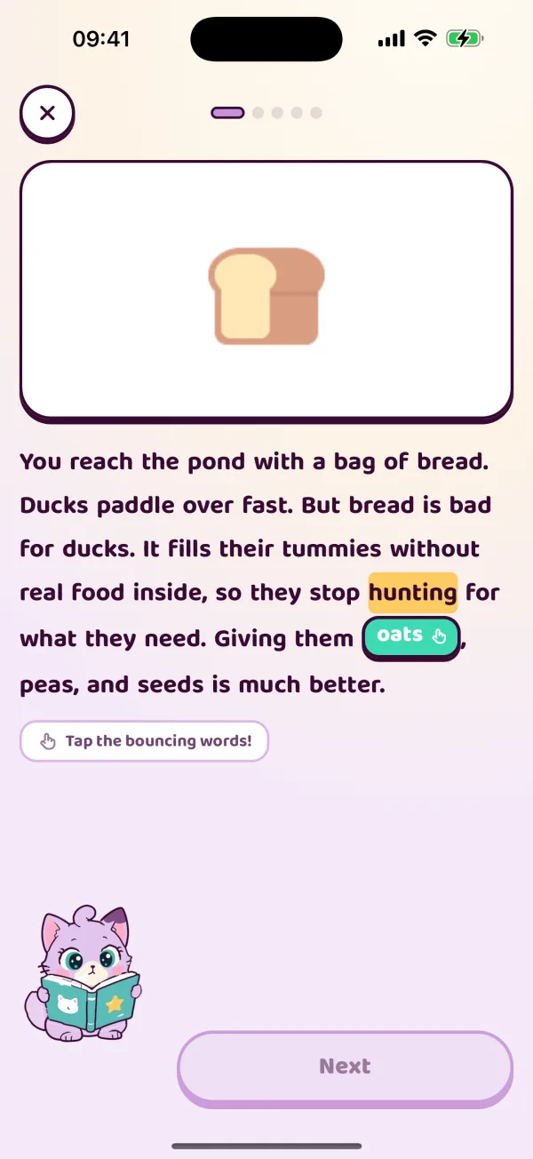 A story page with highlighted words